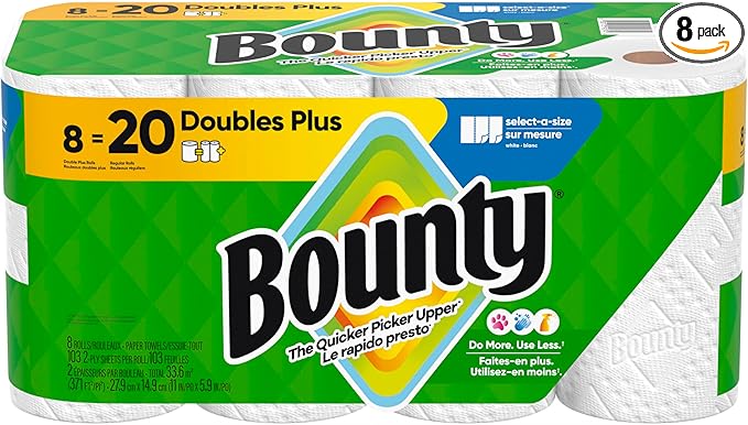 Bounty Paper Towels Select-A-Size, White, 8 Double Plus Rolls = 20 Regular Rolls