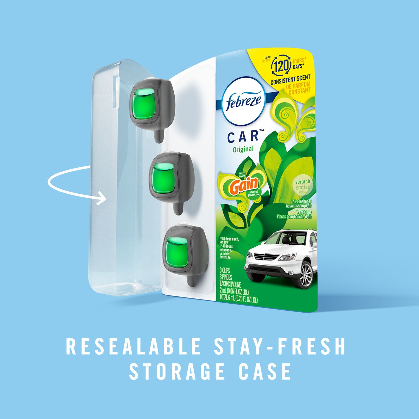 Febreze Car Odor-Fighting Car Freshener Vent Clip Gain Original Scent, .06 oz - 3 ct
