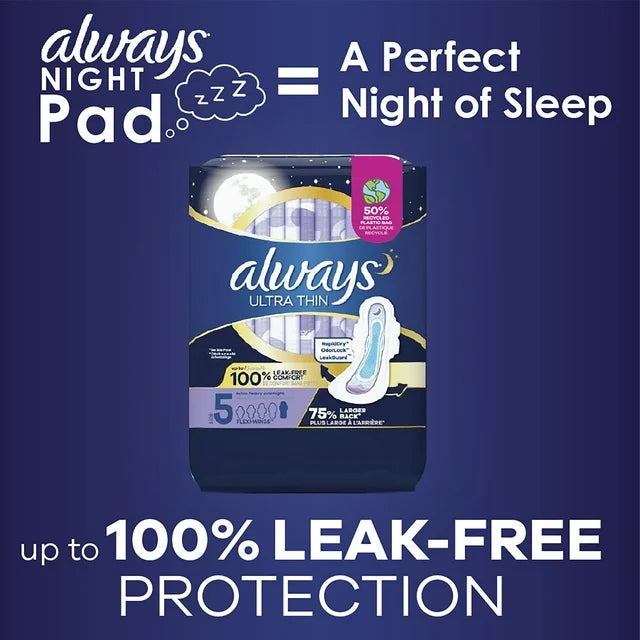 Always Ultra Thin Overnight Pads with Wings, Size 5, Extra Heavy Overnight Absorbency, 15 CT