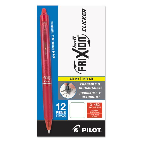 Pilot FriXion Clicker Erasable Gel Pens, Fine Point, 0.7 mm, Red Barrels, Red Ink, Pack Of 12