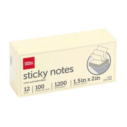 Sticky Notes, 1-1/2" X 2", Yellow, 100 Sheets Per Pad, Pack Of 12 Pads