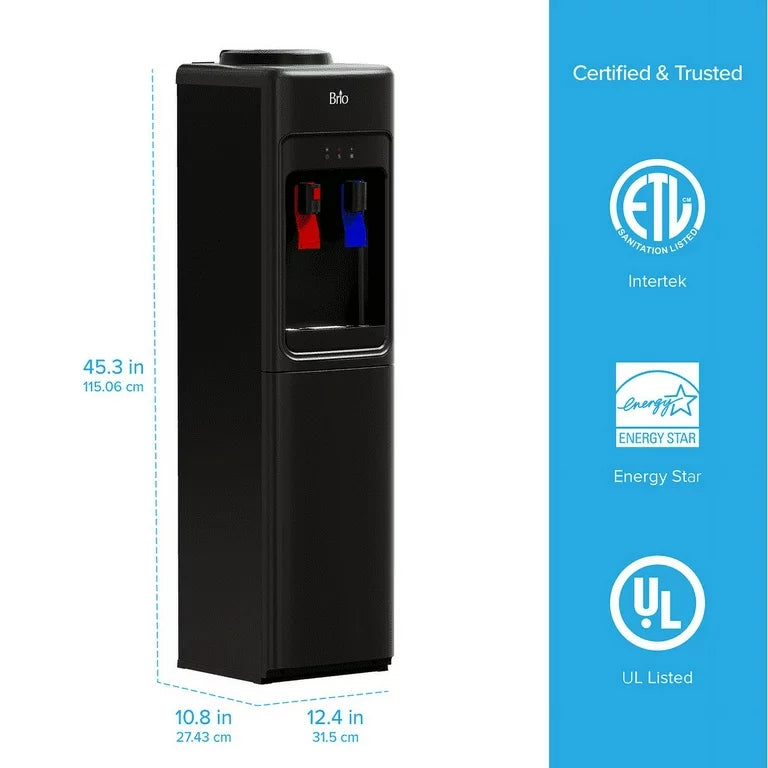 Brio Water Cooler Dispenser, Water Machine, Black Slimline, Hot and Cold Water, Plug Into Wall, Top Loader