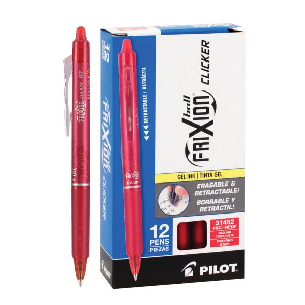 Pilot FriXion Clicker Erasable Gel Pens, Fine Point, 0.7 mm, Red Barrels, Red Ink, Pack Of 12