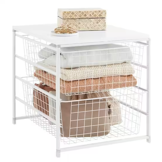 White Steel 2-Drawer Close Mesh Wire Basket 17.69 in. H x 17 in. W