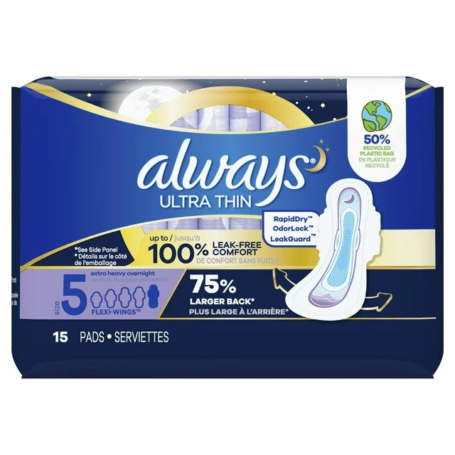 Always Ultra Thin Overnight Pads with Wings, Size 5, Extra Heavy Overnight Absorbency, 15 CT