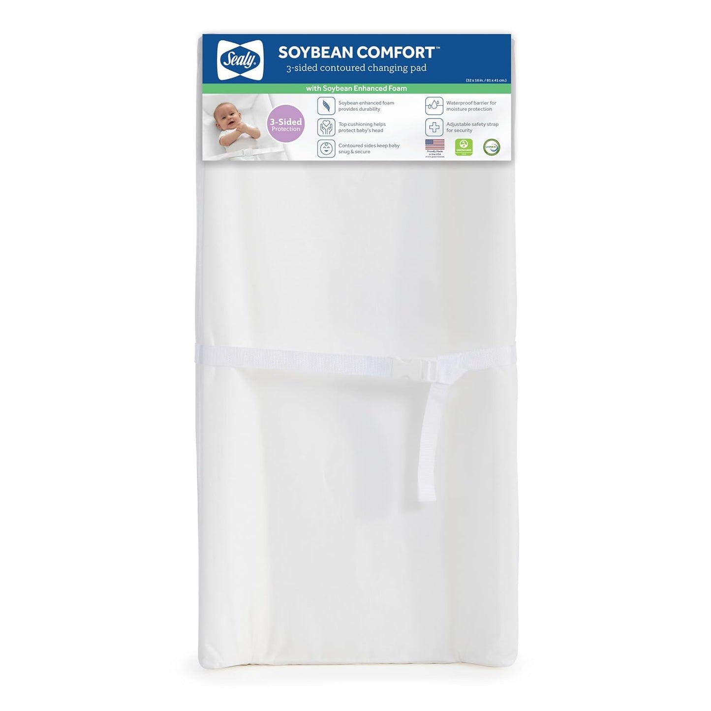 Sealy Soybean Comfort 3-Sided Waterproof Contoured Baby Diaper Changing Pad for Dresser or Changing Table - White, 32” x 16”