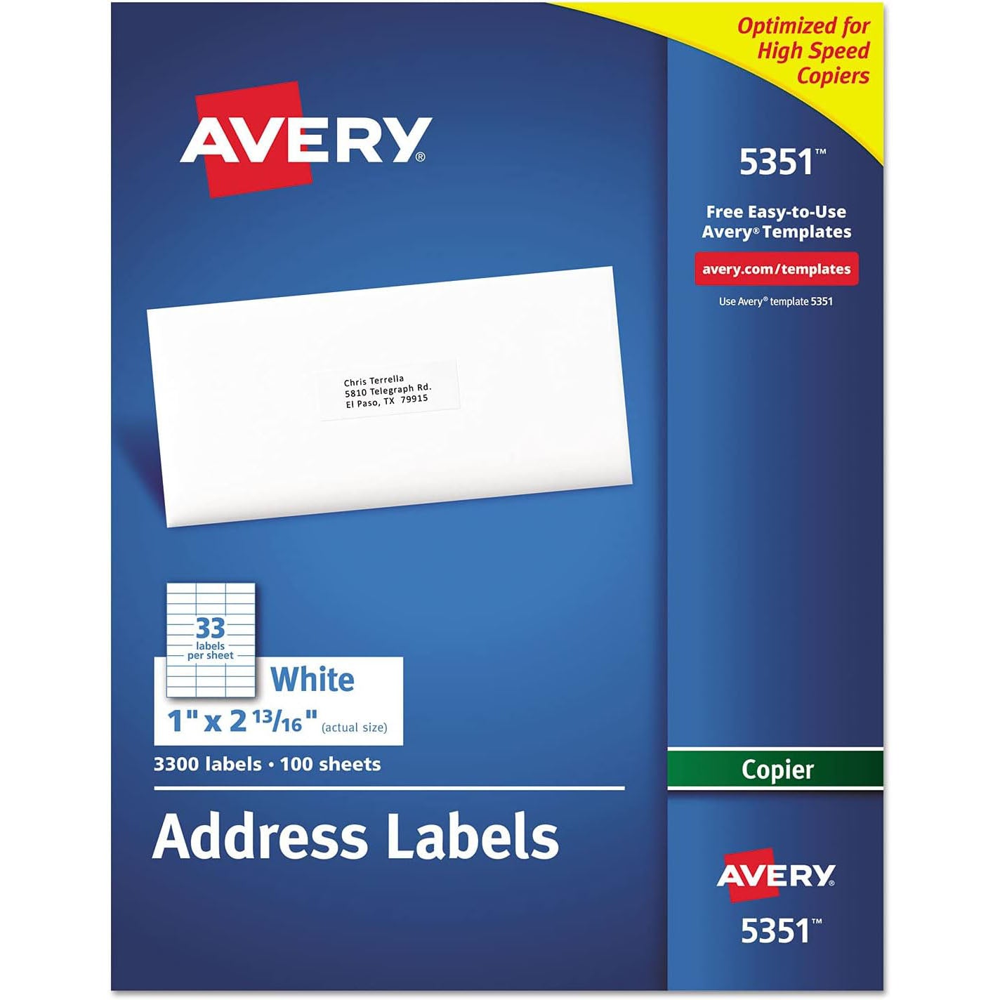 Avery Address Labels for Copiers, 1 x 2-13/16 , 3,300 White Labels (5351), Permanent Adhesive - Rectangle