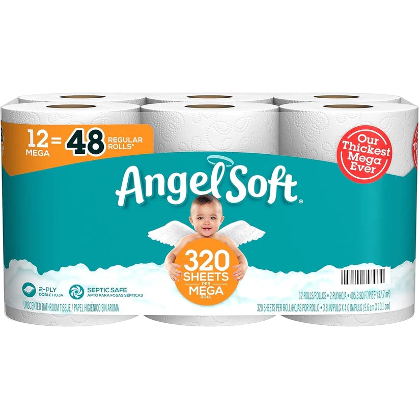 Bathroom Tissue, Toilet Paper, Angel soft 12 Rolls Pk, Mega Rolls