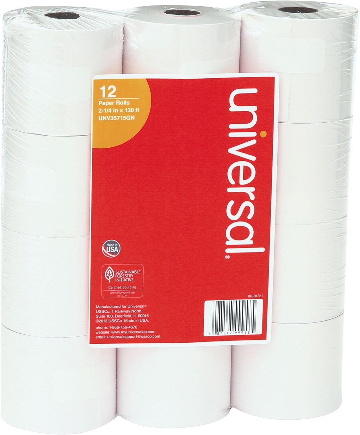 Universal Impact and Inkjet Print Bond Paper Rolls, Adding Machine Tape, 0.5" Core, 2.25" x 150 ft, White, 12/Pack