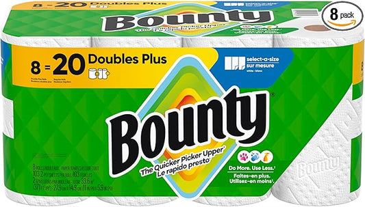 Bounty Paper Towels Select-A-Size, White, 8 Double Plus Rolls = 20 Regular Rolls