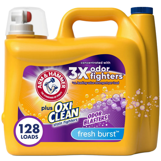 ARM & HAMMER Plus OxiClean Odor Blasters Liquid Laundry Detergent, Fresh Burst, 166.5 fl oz, 128 Loads