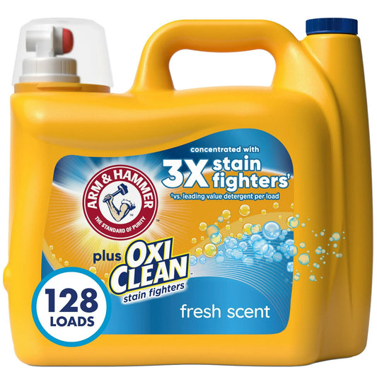 ARM & HAMMER Plus OxiClean Stain Fighters Liquid Laundry Detergent, Fresh Scent, 166.5 fl oz, 128 Loads