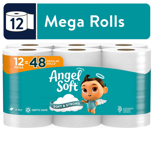 Bathroom Tissue, Toilet Paper, Angel soft 12 Rolls Pk, Mega Rolls