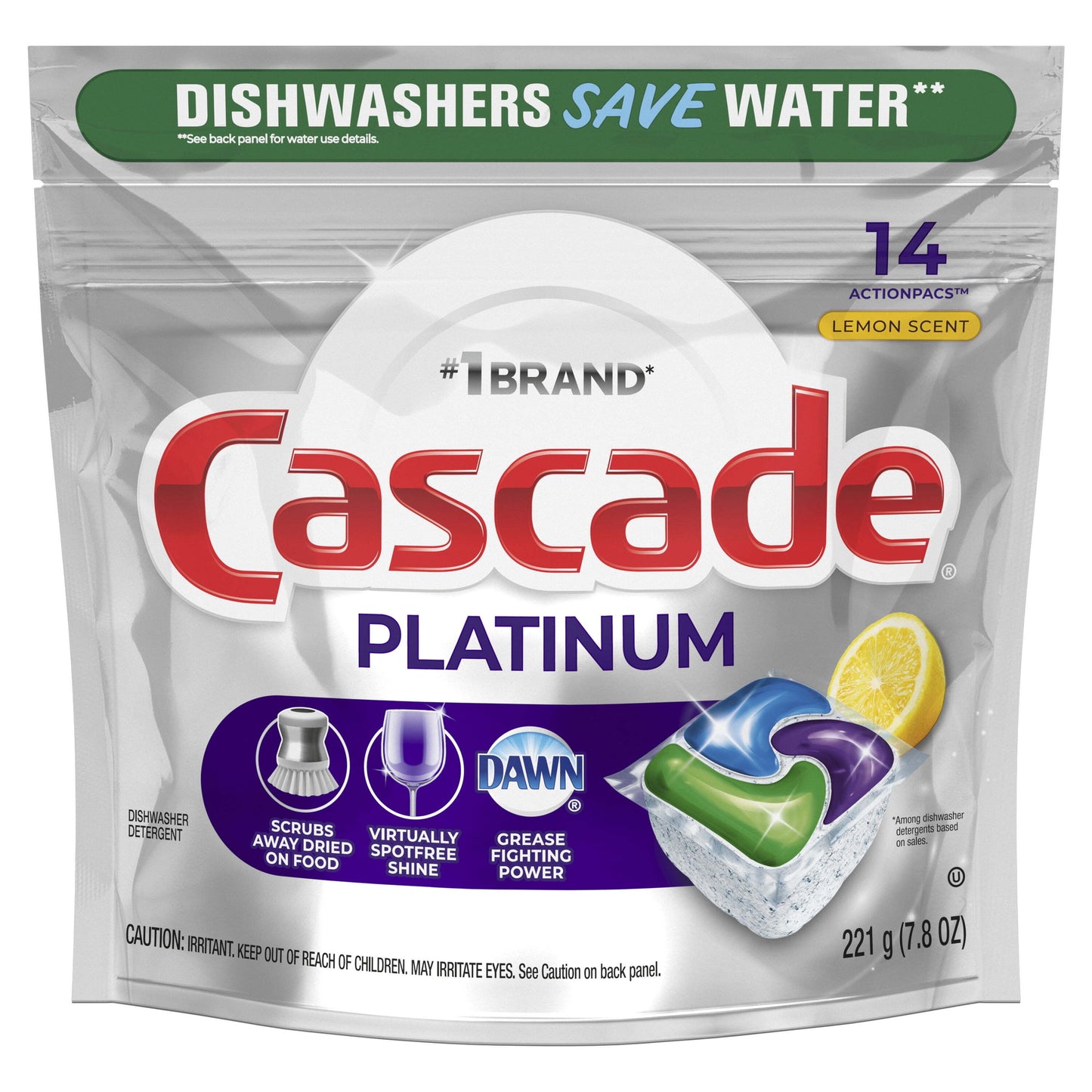 Cascade Pacs Dishwasher Detergents, Lemon Scent - 14 ct