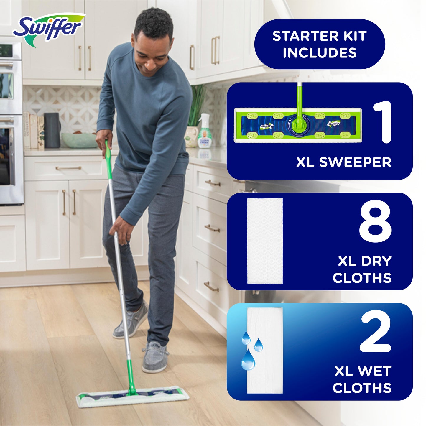 Swiffer Sweeper Dry + Wet XL Sweeping Kit (1 Sweeper, 8 Dry  Cloths, 2 Wet Cloths)