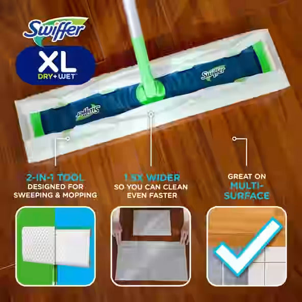 Swiffer Sweeper Dry + Wet XL Sweeping Kit (1 Sweeper, 8 Dry  Cloths, 2 Wet Cloths)